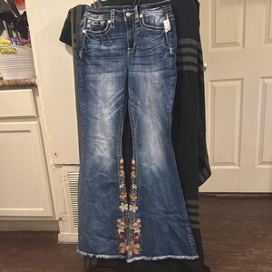 Blue Flare Jeans with Floral Embroidery